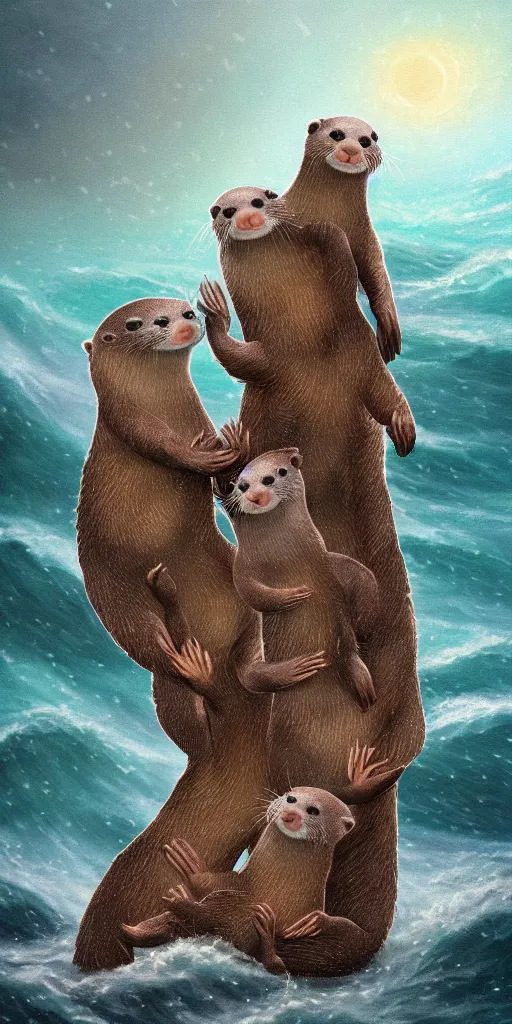 Prompt: family of adorable otters falling in love holding hands side by side, all alone in the middle of a scary storm at sea, fantasy illustration, cinematic, award winning, romantic, detailed trending on artstation, masterpiece