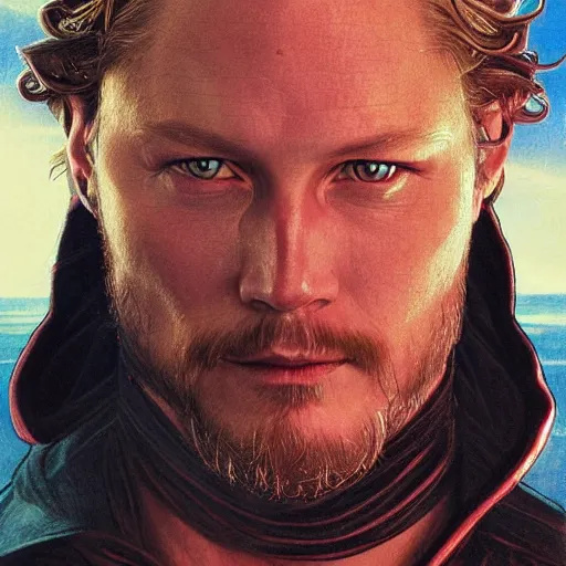 Image similar to Portrait of Travis Fimmel as a sith lord from star wars, full length shot, shining, 8k highly detailed, sharp focus, illustration, art by artgerm, mucha, bouguereau