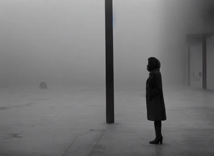 Prompt: cinematic portrait of olivia coleman standing outside in a foggy desolate eerie department store empty parking lot, one car, paranoia everywhere, scene from the tense thriller film directed by stanley kubrick, detailed portrait photo, volumetric hazy lighting, anamorphic lens, moody cinematography, 3 5 mm kodak color ektochrome