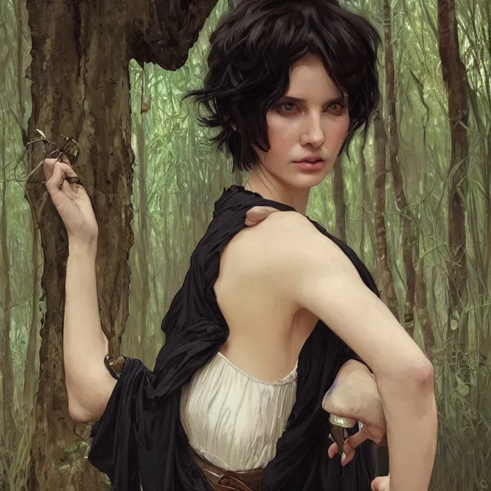 Prompt: portrait of tall woman in forest glade, short black hair, sharp focus, highly detailed, by artgerm, greg rutkowski, alphonse mucha, 8 k
