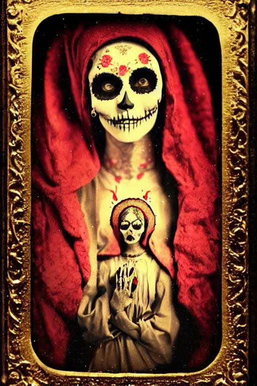 Image similar to tintype virgin mary in dia de muertos dress and make up, horrific beautiful vibe, evocative, atmospheric lighting, painted, intricate, highly detailed,