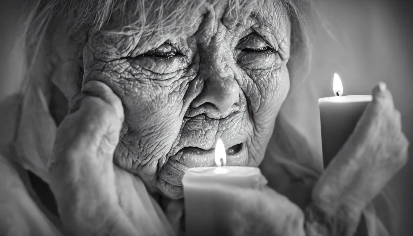 Prompt: a close up portrait of one solitary old underweight crying lady frozen, full colour, hyper realistic photo, candle light, shallow depth of field, upscale, 8 k, masterpiece,