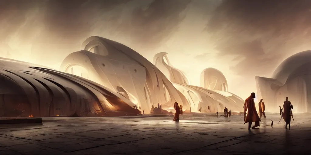 Image similar to the gods meeting at olympus, by tim blandin and arthur haas and bruce pennington and john schoenherr, big windows architecture by zaha hadid, octane render, warm colour scheme, white, cinematic, scenery, cgsociety, modernism, futuristic, trending on artstation, sci - fi, high detail, high quality, close up angle, people walking