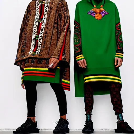 Image similar to hispanic brown skin wearing gucci colorful intense intricate textile chiton himation cloak tunic detailed streetwear cyberpunk modern fashion