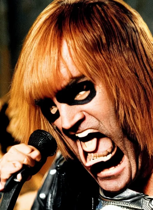 Prompt: promotional image of robbie williams as a heavy metal singer in This is Spinal Tap, rugged black clothes, detailed face, movie still frame, promotional image, imax 70 mm footage