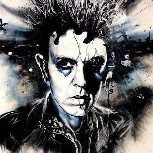 Image similar to stunning portrait of gaunt joe strummer a ( the cure fan ) as dream from sandman, dim stars as eyes, by jeremy mann, by cedric peyravernay, by by russ mills, by richard avedon and ben templesmith, dramatic lightning, sadness, dark eye sockets, in the shadows, punk rock, gothic, high detailed, 8 k