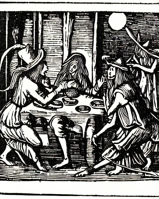 Prompt: woodcut of witches feasting with the devil