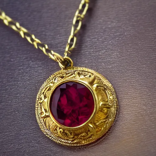 Image similar to macro shot of an intricately detailed!!! golden necklace with an embedded ruby gem, lying on a oak table indoors, sunlit day, f 0. 4