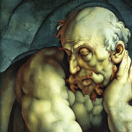 Prompt: scared man looking up, high detail painting by michelangelo