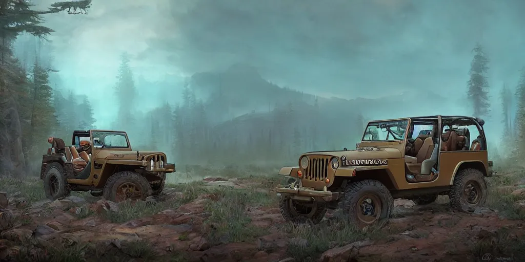 Image similar to Jeep Willys, an epic fantasy, dramatic lighting, cinematic, establishing shot, extremely high detail, photorealistic, cinematic lighting, artstation, by simon stalenhag, horizon forbidden west