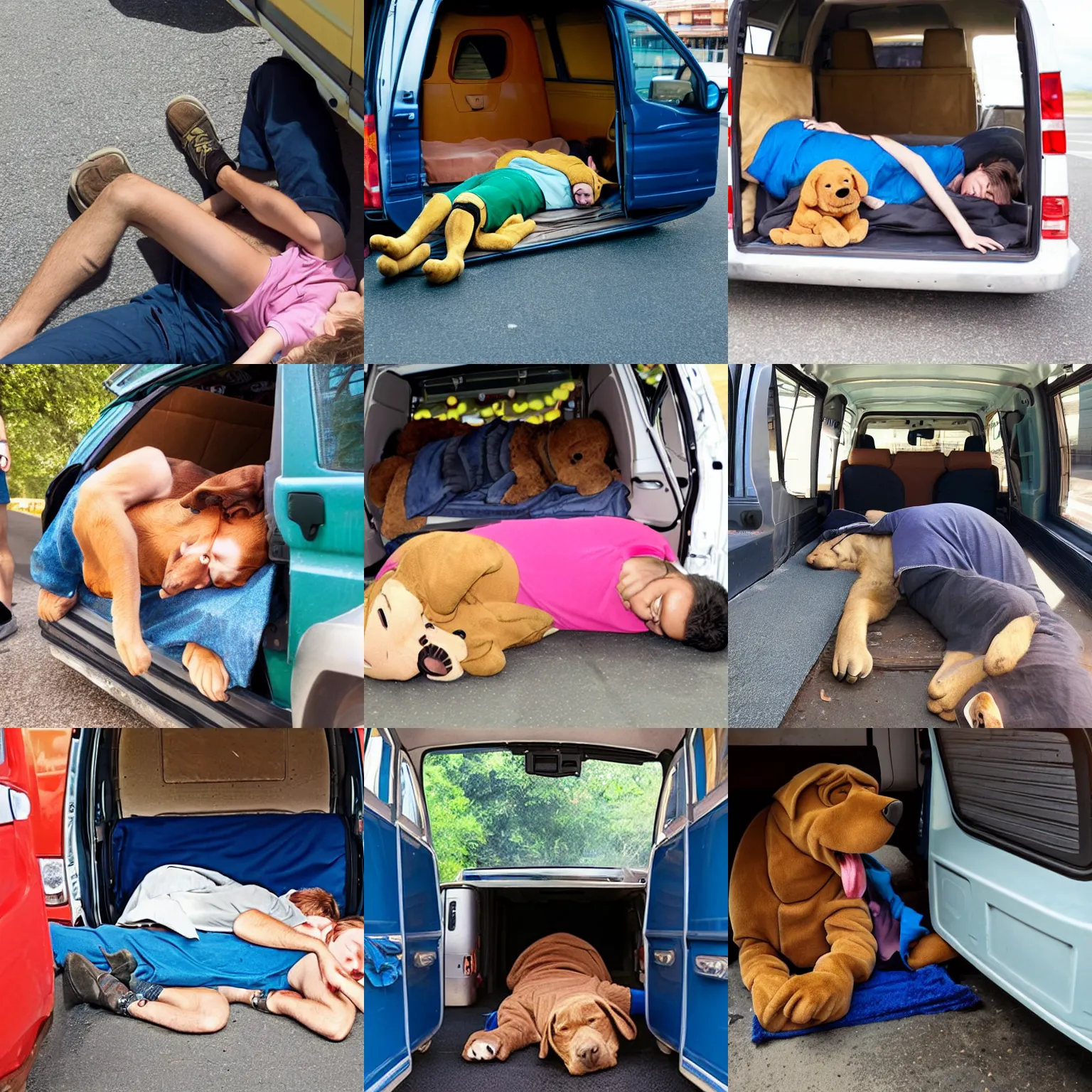 Prompt: scoobydoo sleeping on the floor of a van