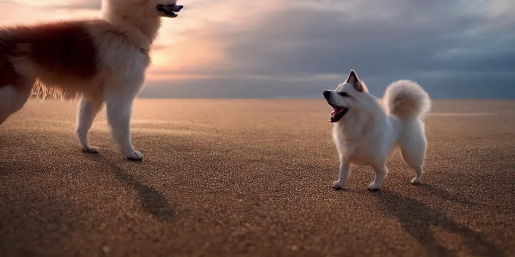 Prompt: a closeup photorealistic photograph of a robot cyborg japanese spitz on the beach at sunset. part dog part machine, pipes and wires glowing eyes. robot dog. part robot dog. hybrid machine dog. this 4 k hd image is trending on artstation, featured on behance, well - rendered, extra crisp, features intricate detail and the style of unreal engine. golden hour