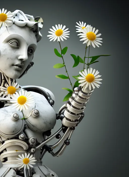 Image similar to biomechanical marble statue carrying a bottle of perfume covered in daisies, up close shot, sharp focus, global illumination, radiant light, alexandre ferra white mecha, irakli nadar, octane highly render, 4 k, ultra hd,