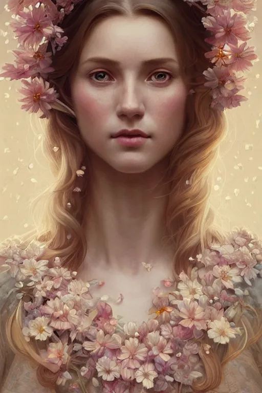 Image similar to symmetry!! full body portrait!!!! of a beautiful!!!! delicate elegant nordic shield maiden, pretty face!!!!, flower petals, intricate, elegant, highly detailed, digital painting, artstation, concept art, smooth, sharp focus, illustration, art by artgerm and greg rutkowski and alphonse mucha, 8 k