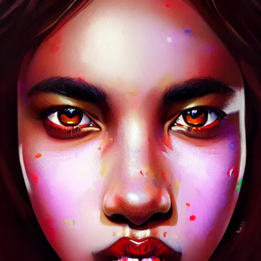 Image similar to colorful and festive captivating teenager with straight brown hair covering his eye, dark skin, big lips, big eyes, wearing a red t - shirt. rich vivid colors, ambient lighting, dynamic lighting, 4 k, atmospheric lighting, painted, intricate, highly detailed by charlie bowater