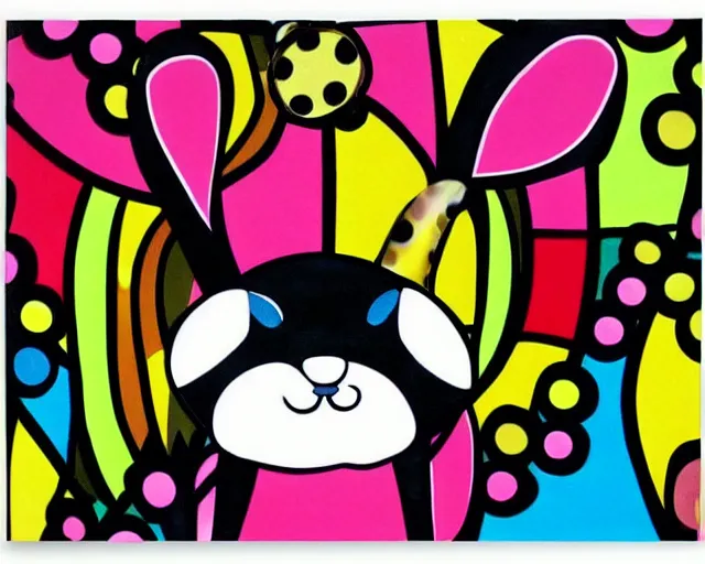 Image similar to a very cute black bunny, black fur with white puffs, fine art by romero britto