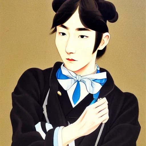 Prompt: painting of grumpy handsome beautiful man in his 2 0 s named min - jun in a french female maid outfit, modern clothing, elegant, clear, painting, stylized, delicate facial features, soft but grumpy, highly detailed, art, art by egon yamamoto