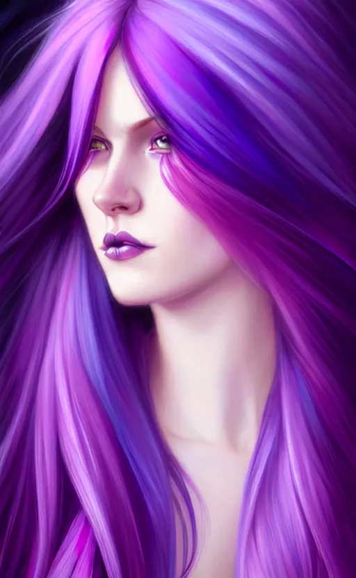 Image similar to Purple hair relistic Portrait of a woman with bright colored flying hair, all shades of purple. Hair coloring, long hair, blue eyes, fantasy, intricate, elegant, highly detailed, digital painting, artstation, concept art, smooth, sharp focus, illustration, art by artgerm and greg rutkowski and alphonse mucha