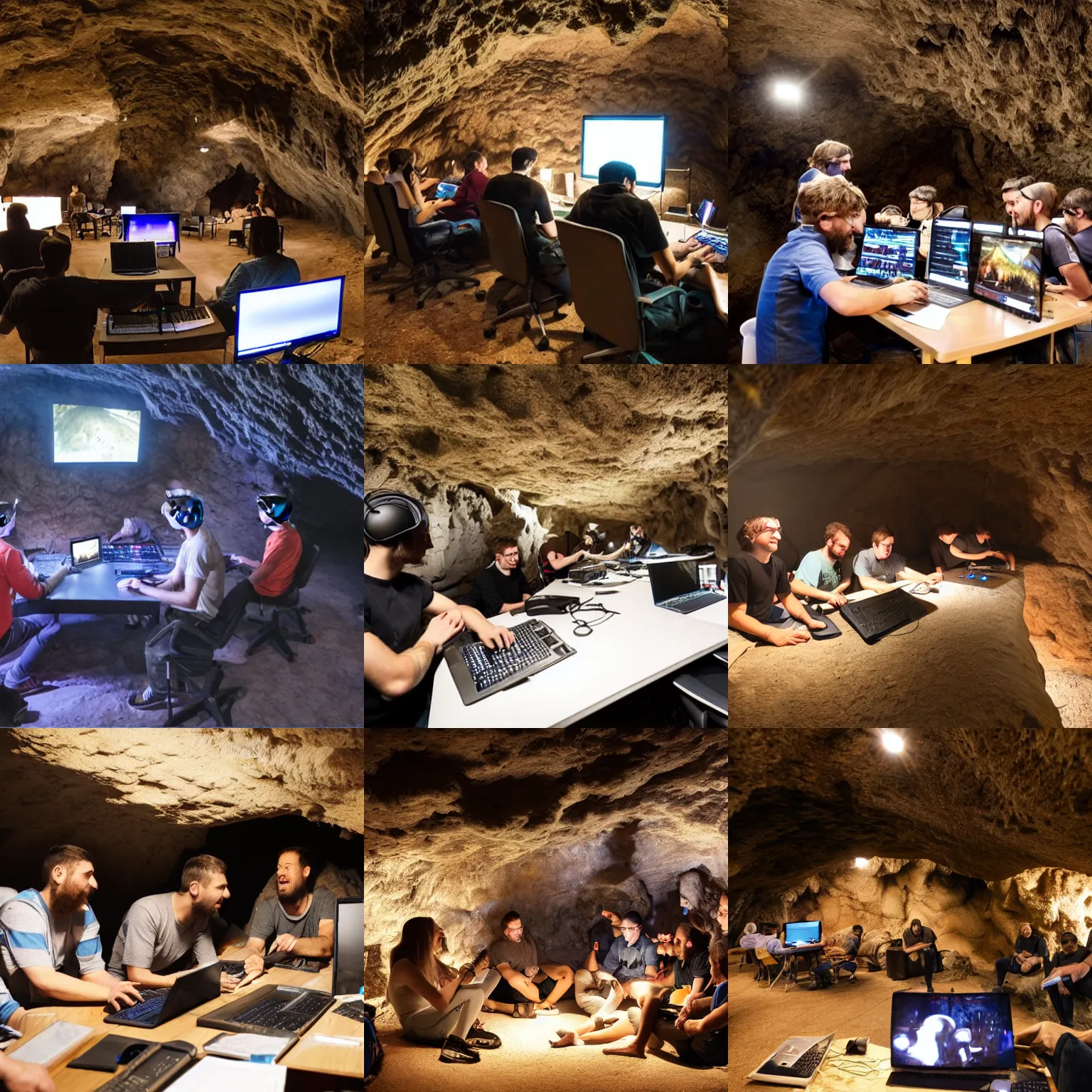 Prompt: neanderthalers having a lan party in a cave