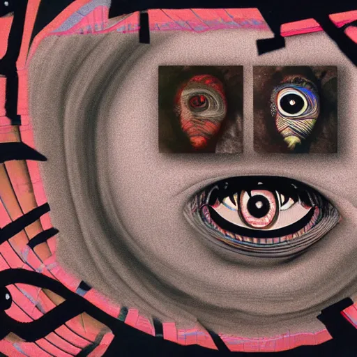 Prompt: depraved and insane man with spiral eyes and tvs with eyes on the screen all around in the style of herbert ploberger and nainoa rosehill, mixed media, 8 k ultra, surrealist