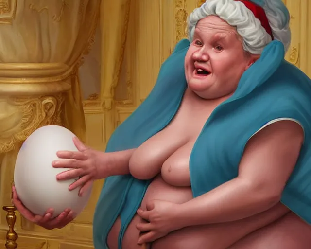 Prompt: of a very beautiful scene. ambient occlusion render. a sweet fat old woman is giving birth a beautiful colorful huge egg. hyper realistic. 4 k. wide angle. baroque style. symmetrical face, red mouth, blue eyes. deep focus, lovely scene. ambient occlusion render. concept art. unreal engine.