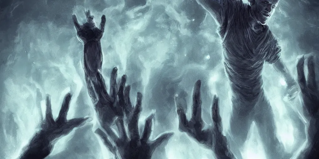 Image similar to indistinct man with his hand up, visible threads of magic link his hand to other people's bodies, fantasy, digital art, trending on artstation