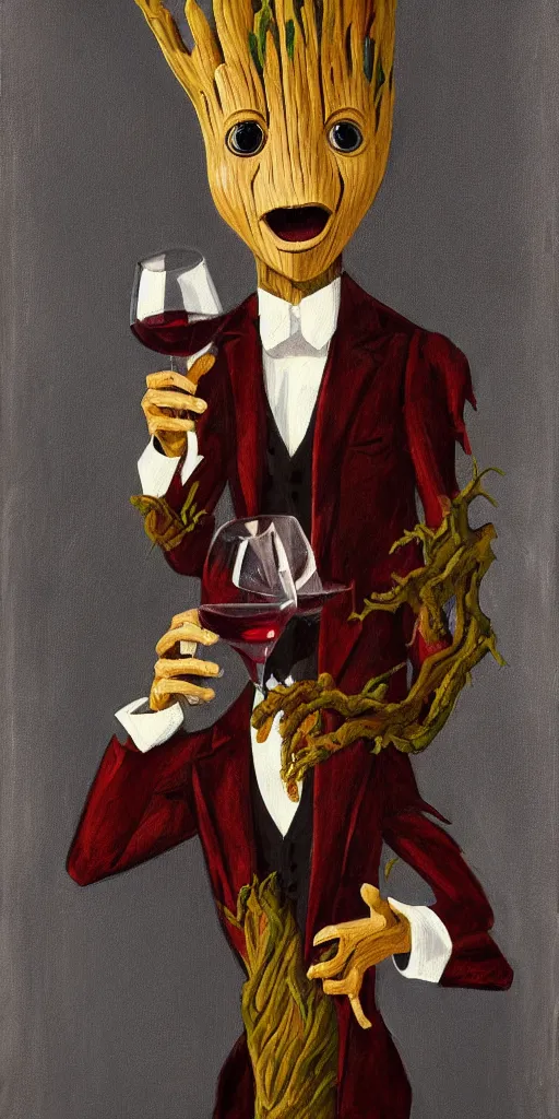 Image similar to portrait painting of the groot as a gentleman wearing tuxedo drinking wine, masterpiece, artwork