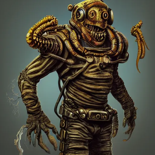 Image similar to mad max squid monster astronaut made out of ork technology from warhammer 40k, au naturel, hyper detailed, digital art, trending in artstation, cinematic lighting, studio quality, smooth render, unreal engine 5 rendered, octane rendered, art style by klimt and nixeu and ian sprigger and wlop and krenz cushart, full body portrait, well lit, intricate abstract. cyberpunk, intricate artwork, by Tooth Wu, wlop, beeple. octane render, trending on artstation, greg rutkowski very coherent symmetrical artwork. cinematic, hyper realism, high detail, octane render, 8k, minimalistic, hyperrealistic surrealism, award winning masterpiece with incredible details, a surreal vaporwave liminal space, highly detailed, trending on ArtStation