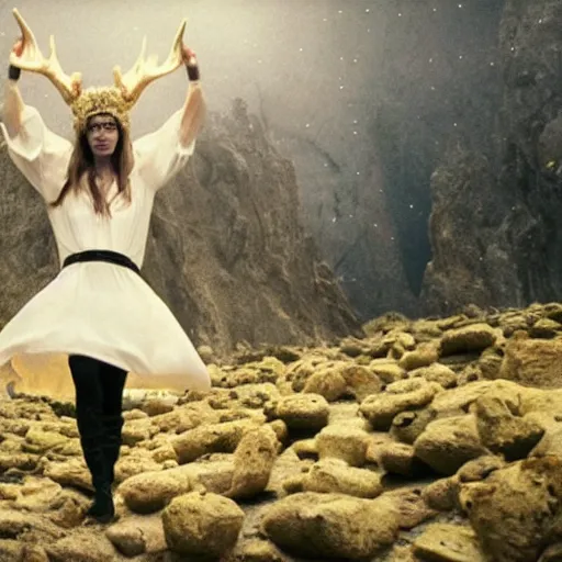 Prompt: The full body shot of beautiful pale woman with white flowers and full-face golden occult mask and antlers in a rocky desert landscape, multiple eyes by Denis Villeneuve, Lubezki, Gaspar Noe and Christopher Doyle, anamorphic lens, anamorphic lens flares, kodakchrome, cinematic composition, practical effects, award winning photo, 8k, detailed 85mm f/1.4