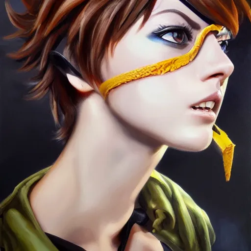 Prompt: oil painting of tracer overwatch in a field wearing very large black leather collar around neck, in style of mark arian, expressive face, very detailed face, very detailed eyes, full body, feminine face, detailed makeup on eyes, tracer overwatch,