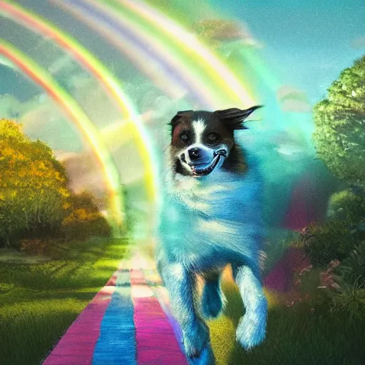 Image similar to a singular beautiful smiling dog running happily towards its owner, ethereal heavenly rainbow bridge in the background behind the dog, tall golden heavenly gates, amazing, stunning artwork, featured on artstation, cgosciety, behance