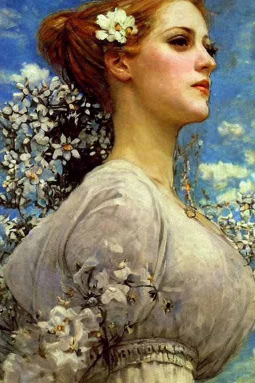 Image similar to close - up fashion woman portrait airy flowers cloudy sky art by vasnetsov