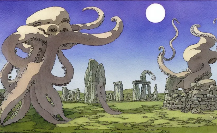 Image similar to a hyperrealist studio ghibli watercolor fantasy concept art. in the foreground is a giant grey octopus lifting a stone. in the background is stonehenge. by rebecca guay, michael kaluta, charles vess