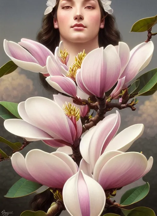 Image similar to perfectly detailed magnolia flowers!! blessed by nature with ever - increasing physical mental perfection, symmetrical! intricate, sensual features, highly detailed, biblical divine holy perfection!! digital painting, artstation, concept art, smooth, sharp focus, illustration, art by artgerm and greg rutkowski and alphonse mucha