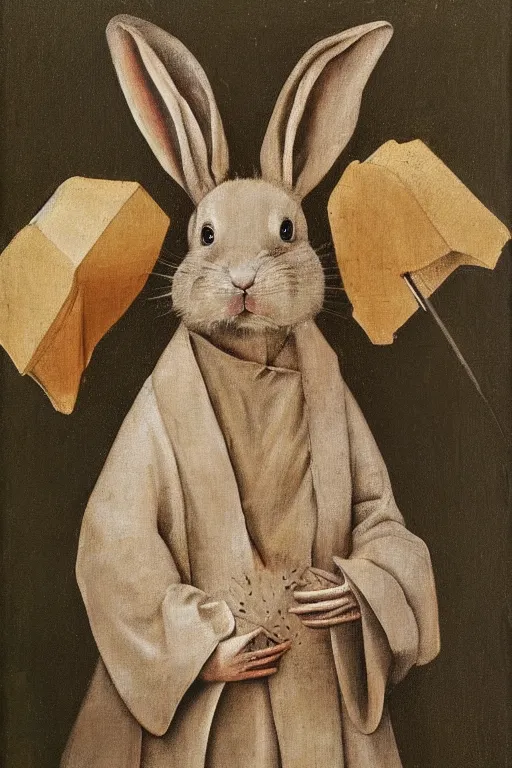 Prompt: silly hieronymus bosch oil painting portrait of a bunny in a coat. muted colour palette