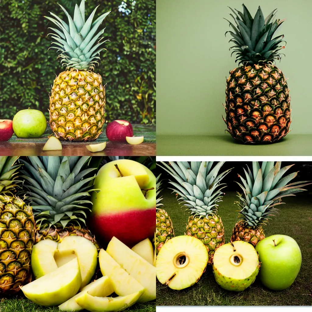 Prompt: A pineapple surrounded by apples