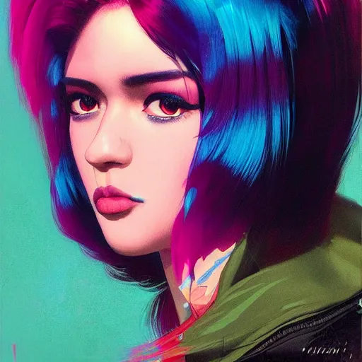 Prompt: hologram punk woman is interested, with cute - fine - face, pretty face, oil slick hair, realistic shaded perfect face, extremely fine details, by realistic shaded lighting, dynamic background, poster by ilya kuvshinov katsuhiro otomo, magali villeneuve, artgerm, jeremy lipkin and michael garmash and rob rey, pascal blanche, kan liu