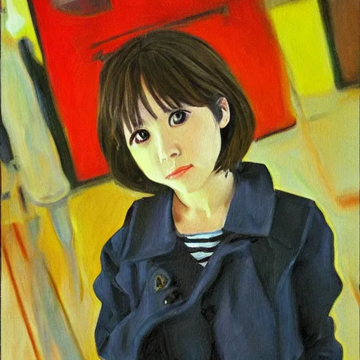 Image similar to an oil painting of k - on yui hirasawa with the style by edvard munch