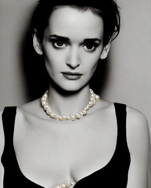 Image similar to gorgeous young winona ryder wearing tight ropes, half body portrait, greg kutkowski, sharp details, soft lighting, subsurface scattering, pearls of sweat, glistening skin, warm lighting