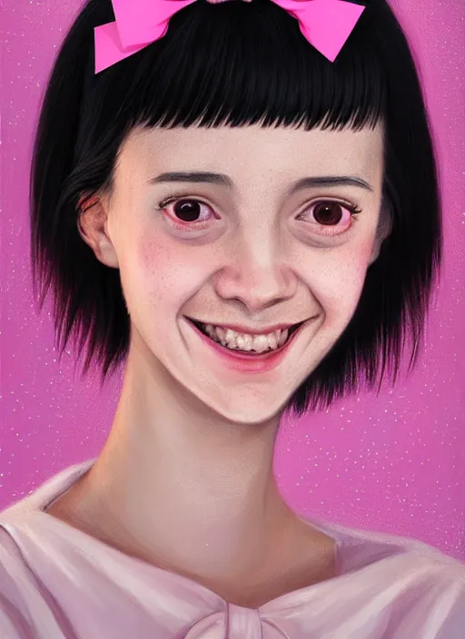 Image similar to portrait of high school girl, realistic, black hair, bangs, half updo hairstyle, pointy nose, skinny, smile, ugly, defined jawline, big chin, pink hair bow, earrings, intricate, elegant, glowing lights, highly detailed, digital painting, artstation, sharp focus, illustration, art by wlop, mars ravelo and greg rutkowski