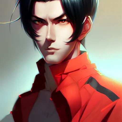 Image similar to anime portrait of a slick black hair guy with red eyes by stanley artgerm lau, wlop, rossdraws, james jean, andrei riabovitchev, marc simonetti, and sakimichan, trending on artstation