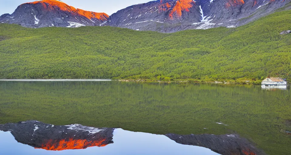 Prompt: a Norwegian fjord surrounded by mountains with the sun rising, trees on the mountain sides, completely still mirror water reflecting the surroundings