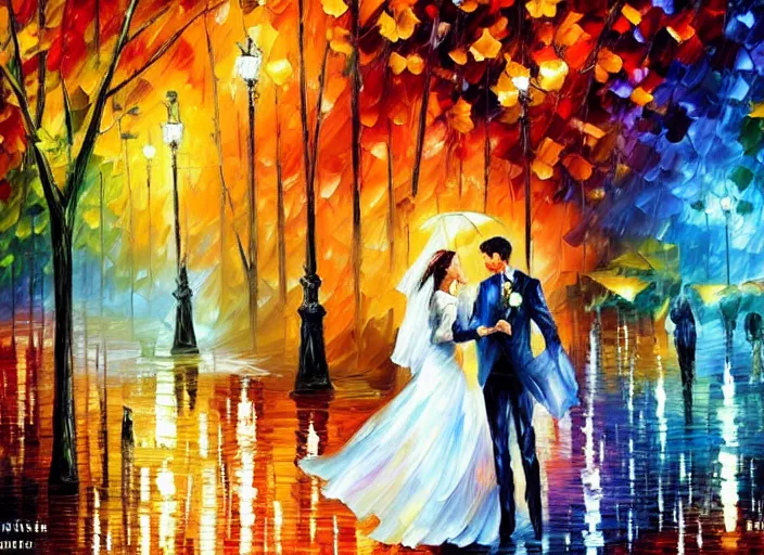 Image similar to A romantic wedding in the rain, painting by Leonid Afremov