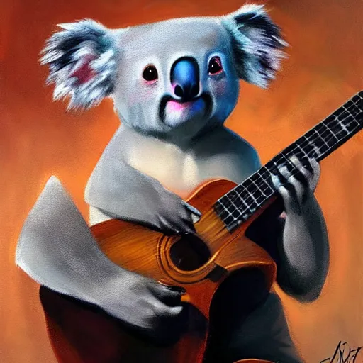 Prompt: portrait koala playing a guitar, fine details. realistic shaded lighting by ilya kuvshinov giuseppe dangelico pino and michael garmash and rob rey, iamag premiere, aaaa achievement collection, eyes open in wonder