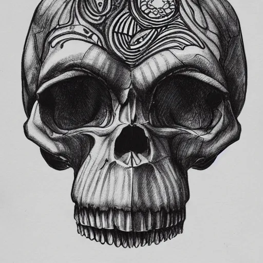 Image similar to a humanoid chimp skull hovering over a star pattern, 2 handguns are crossing in the middle of the picture ultra detailed, fine line pen drawing on parchment, symmetrical, stylish