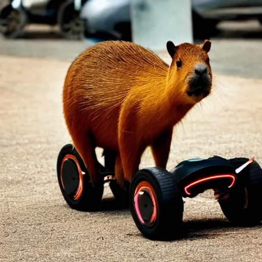 Image similar to action photograph of a capybara riding a flaming segway