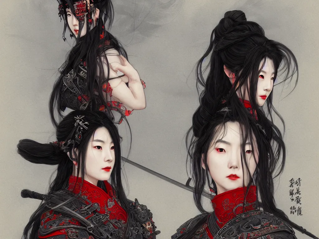 Image similar to portrait dark grey hair han so hee female samurai, wearings black and red samurai armor, at jaapnese temple night, ssci - fi and fantasy, intricate and very very beautiful and elegant, highly detailed, digital painting, artstation, concept art, smooth and sharp focus, illustration, art by tian zi and wlop and alphonse mucha