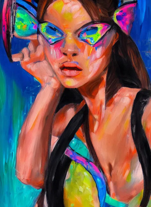 Prompt: girl with cat ears at a rave, realistic bikini, expressive oil painting, abstract art, trending on artstation, geometric art, portrait