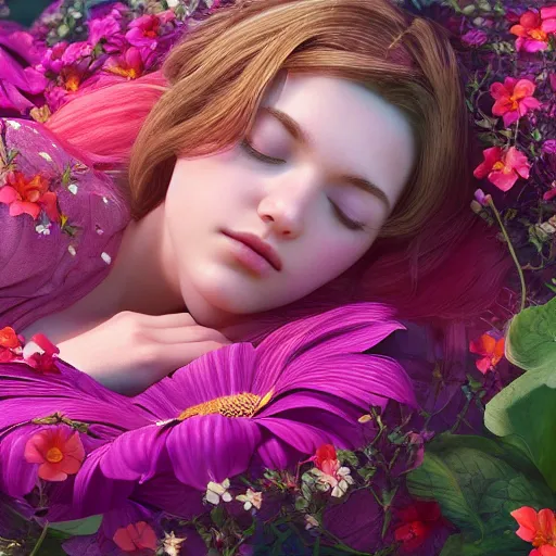 Image similar to girl sleeping on a big flower, illustrated painting, incredible details, highly detailed, photorealistic, disney pixar, smooth, octane render, iridescent, 8 k