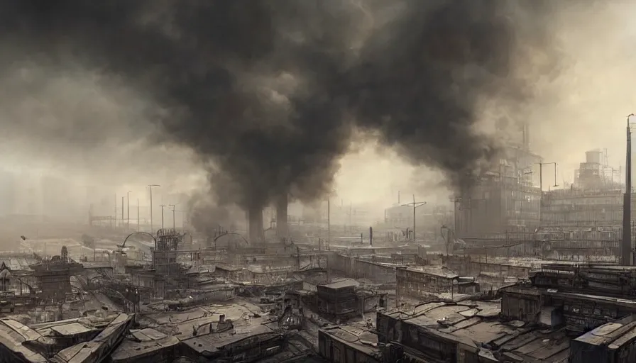 Image similar to Dieselpunk Norilsk city, Kirov reporting, steam, factory plants with dark smoke in the background, epic composition, intricate, elegant, volumetric lighting, digital painting, highly detailed, artstation, sharp focus, illustration, concept art, ruan jia, steve mccurry